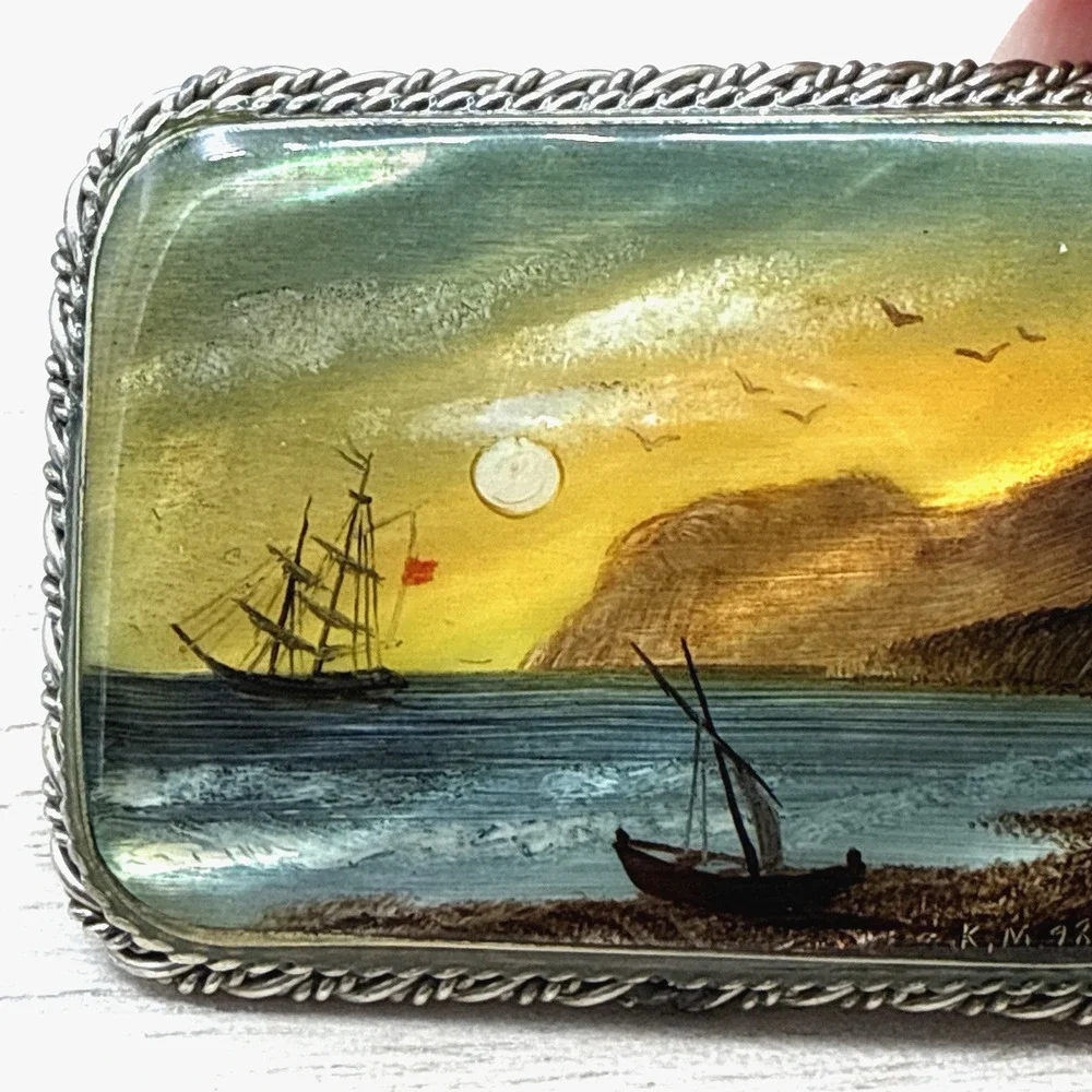 Vintage Brooch Fedoskino Hand Painted Mother of Pearl Coastal Ships Signed KM 98